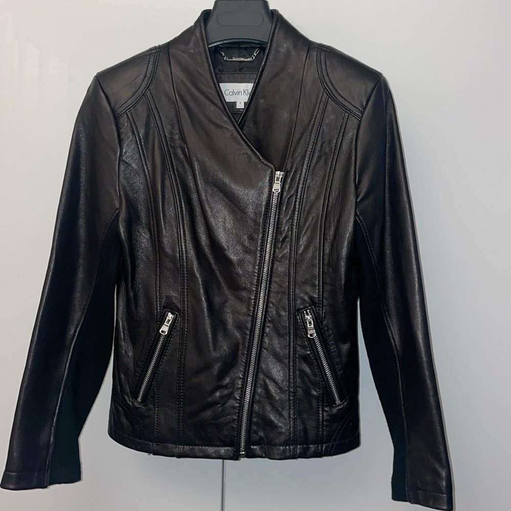 Calvin Klein black genuine leather moto jacket small